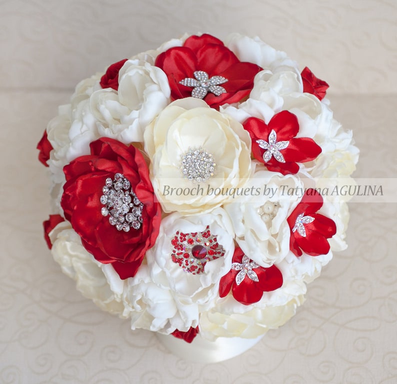 Jeweled Bouquet Brooch bouquet Made upon request Ivory and Red wedding brooch bouquet