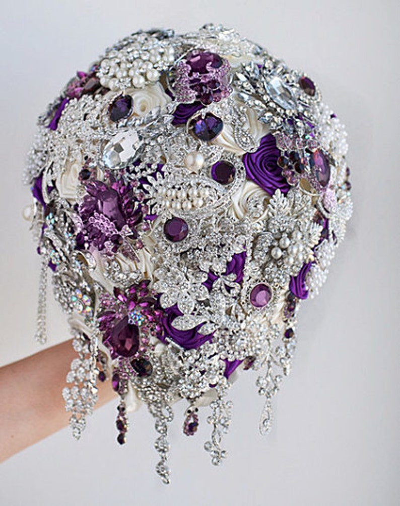 Cascading Brooch bouquet. Purple and Silver wedding broach Etsy