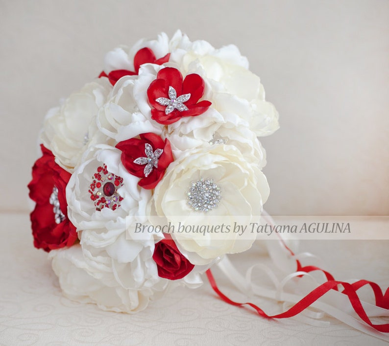 Jeweled Bouquet Brooch bouquet Made upon request Ivory and Red wedding brooch bouquet