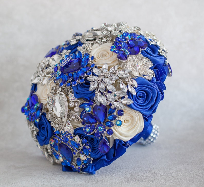 Brooch bouquet. Ivory Royal Blue and Silver Brooch Bouquet Etsy