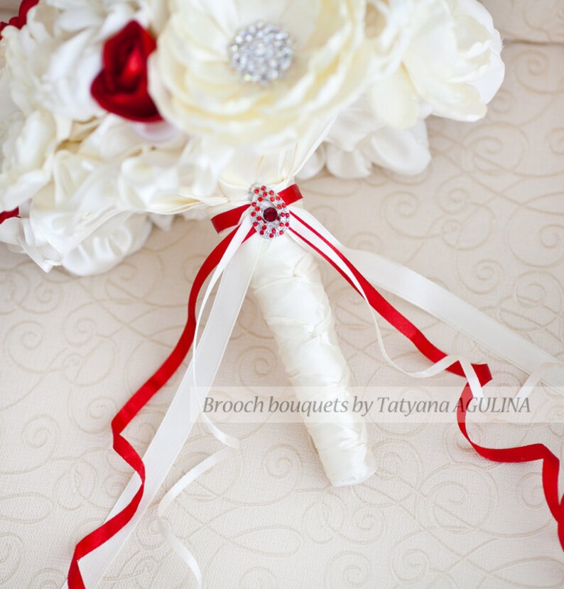 Jeweled Bouquet Brooch bouquet Made upon request Ivory and Red wedding brooch bouquet