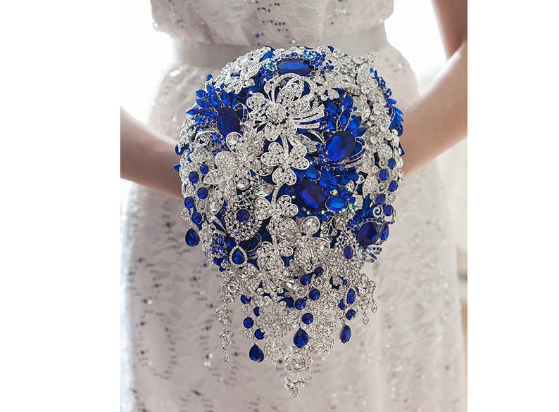 Royal blue brooch bouquet. Blue and Silver crystal wedding | Etsy