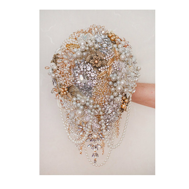 Jeweled Bouquet wedding bouquet cascading gold and silver broach bouquet Brooch bouquet bridal bouquet Quinceanera keepsake bouquet.
