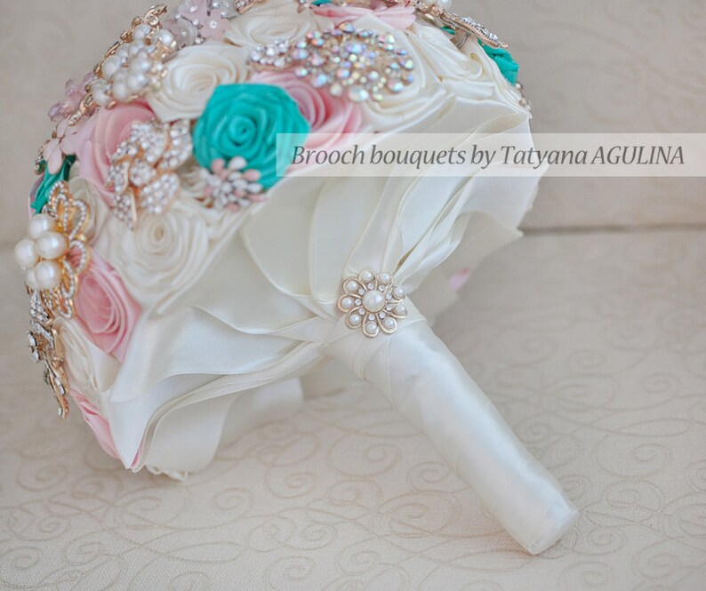 Brooch Bouquet. Pink Ivory and Mint Wedding Brooch Bouquet Etsy
