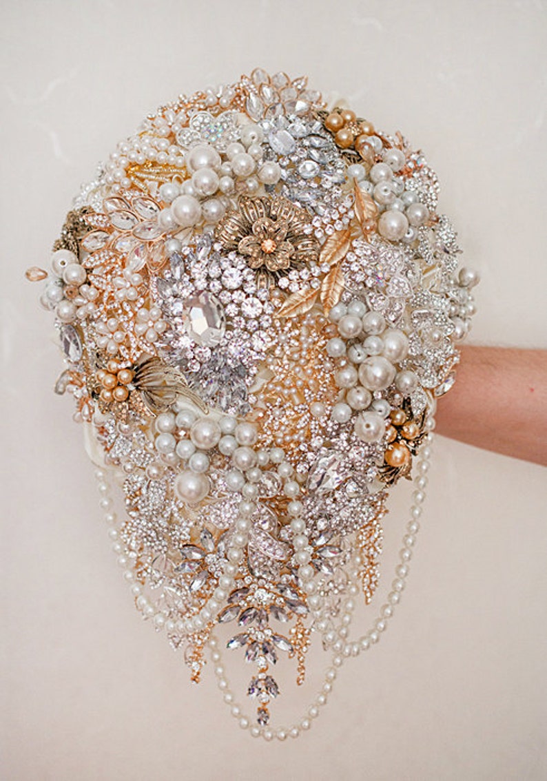 Jeweled Bouquet wedding bouquet cascading gold and silver broach bouquet Brooch bouquet bridal bouquet Quinceanera keepsake bouquet.