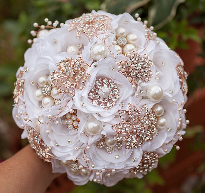 Silk Flower Brooch bouquet Rose Gold Bridal White Broach Etsy