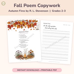 Fall Poem Copywork Printable, Autumn Fires by Robert Louis Stevenson, 2nd 3rd Grade Handwriting Practice, Homeschool Poetry PDF
