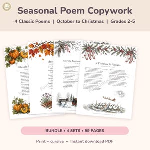 Seasonal Poem Copywork Bundle, Fall Thanksgiving Christmas Poetry Handwriting Printable, 2nd 3rd 4th 5th Grade, Charlotte Mason PDF