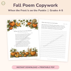 Fall Poem Copywork Printable, When the Frost Is on the Punkin, 4th 5th Grade Handwriting Practice, Homeschool Poetry PDF
