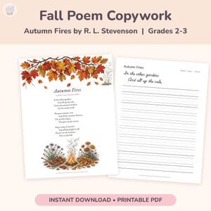 Könnte beinhalten: Ein zweiseitiges pädagogisches Arbeitsblatt mit dem Titel Fall Poem Copywork, das das Gedicht Autumn Fires von R. L. Stevenson enthält. Die linke Seite zeigt den Text mit Herbstlaub-Illustrationen und einem Lagerfeuer, die rechte Seite Linien.