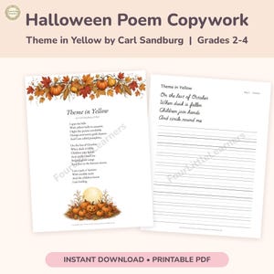 Halloween Poem Copywork Printable, Theme in Yellow Carl Sandburg, Pumpkin Poem Handwriting Practice, Print & Cursive, 2nd 3rd 4th Grade