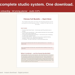 May include: A digital document titled Fitness Full Bundle - Start Here, featuring a list of included studio management tools like a finance tracker, client onboarding pack, pricing planner, and studio SOPs, with text detailing the bundle contents.