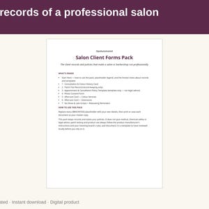 May include: A digital Salon Client Forms Pack document by OpsAutomated. The page features a title, a list of contents including consultation, patch test, and aftercare cards, and instructions on how to use the provided templates.