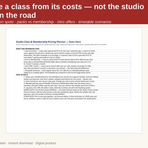 May include: A digital Studio Class & Membership Pricing Planner document featuring a white background with black text. The header reads Price a class from its costs — not the studio down the road, followed by sections on class economics.