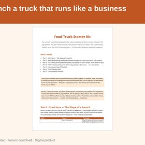 Puede incluir: Un documento digital titulado Food Truck Starter Kit con un encabezado naranja que dice Launch a truck that runs like a business. La página detalla siete partes, incluyendo una hoja de cálculo de menú, lista de equipo y rastreador de permisos.
