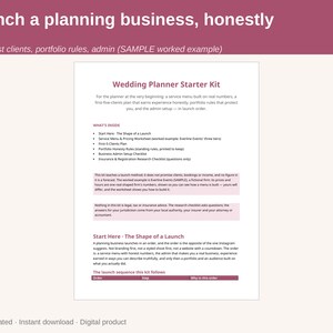 Puede incluir: Un documento digital titulado Wedding Planner Starter Kit con un encabezado granate que dice Launch a planning business, honestly. La página describe una secuencia de lanzamiento empresarial, incluyendo un menú de servicios y una lista de control.