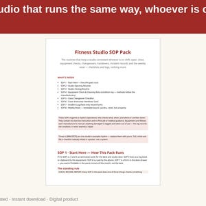 May include: A digital document titled Fitness Studio SOP Pack with a red header reading A studio that runs the same way, whoever is on shift. The page lists eight standard operating procedures including opening, closing, and equipment checks.