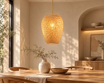 Lampada a sospensione in bambù, paralume intrecciato in stile giapponese, illuminazione a soffitto in stile giapponese per sala da pranzo, camera da letto o cucina.