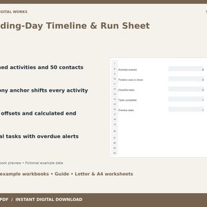 Puede incluir: Un libro de trabajo digital Wedding-Day Timeline & Run Sheet de Mercer Digital Works, modelo MDW-EVT-020. Incluye 100 actividades cronometradas, 50 contactos, cambios de anclaje de ceremonia, compensaciones de minutos y 100 tareas finales.
