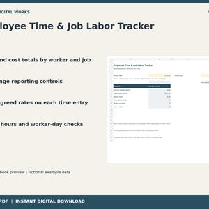 Könnte beinhalten: Eine digitale Tabellenkalkulationsvorlage Employee Time & Job Labor Tracker von Mercer Digital Works, Modell MDW-BIZ-024. Funktionen umfassen Stunden- und Kostensummen, Datumsbereichsberichte, gespeicherte Sätze und abrechenbare Stunden.