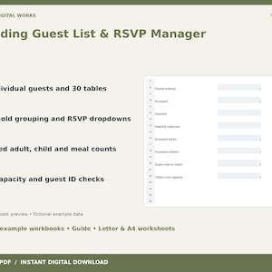Könnte beinhalten: Eine digitale Wedding Guest List & RSVP Manager Arbeitsmappe von Mercer Digital Works. Funktionen umfassen eine Kapazität für 300 Gäste, Haushaltsgruppierung, RSVP-Dropdowns, Mahlzeitenzählungen und Tabellenprüfungen.