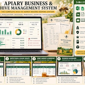 May include: An apiary business and hive management system bundle featuring a laptop displaying a dashboard, printable field logbooks, and a quick start guide. The system includes Excel and Google Sheets templates for tracking hives, colony health, honey harvests, inventory, and business costs.