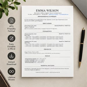 ATS Resume Template for Graduates, Editable Word CV, Minimalist Professional Resume Template, Digital Download
