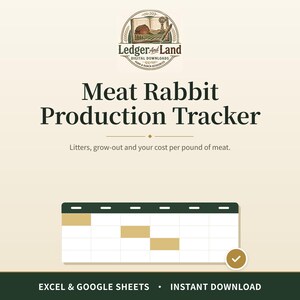 May include: A digital Meat Rabbit Production Tracker spreadsheet template featuring the Ledger And Land logo, a table for tracking litters and costs per pound, and text indicating compatibility with Excel and Google Sheets.