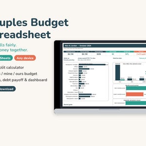 Spreadsheet voor een gezamenlijk budget, planner voor gezamenlijke uitgaven, calculator voor het delen van rekeningen (Google Sheets)