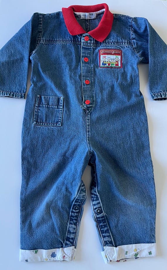 OshKosh B'gosh, Vintage OshKosh B Gosh neutral gender denim boiler suit /jumpsuit with red patch and accents