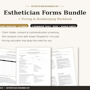Esthetician Forms Bundle + Pricing & Bookkeeping Workbook | Facial Consent Form, Client Intake, Skin Analysis Chart