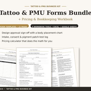 Tattoo Artist Forms Bundle, PMU Consent Forms, Tattoo Client Intake, Design Approval Sheet, Aftercare Cards, Tattoo Pricing Spreadsheet