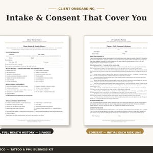 Tattoo Consent Form, PMU Consent Form, Tattoo Intake Form, Health Screening, Patch Test Log, Design Approval, Permanent Makeup Forms