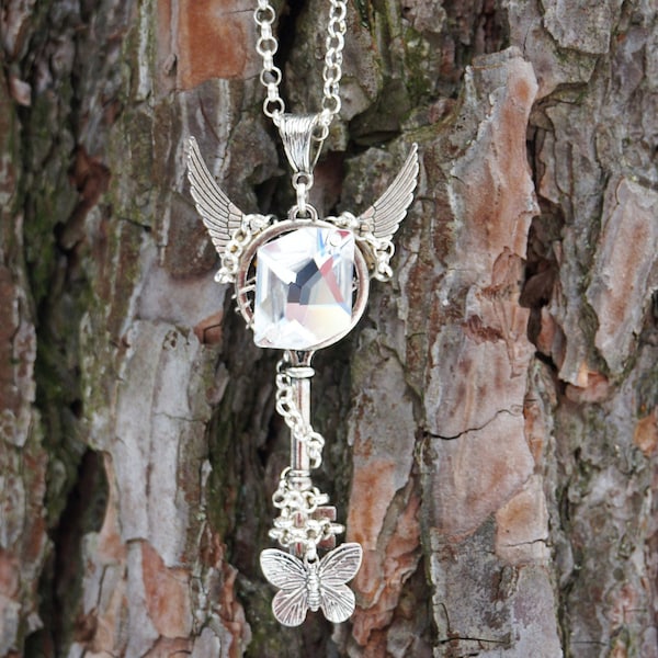 Gothic Steampunk silver necklace, Metal key with Swarovski stone, Gothic jewelry, Metal key necklace, Angel nacklace, Ready gift