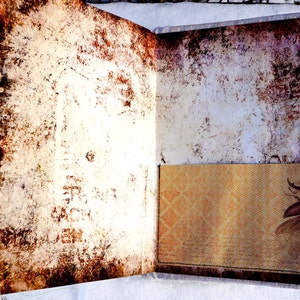 May include: Open journal with aged, textured pages. The interior features a pocket with a patterned design and a beetle illustration. The pages have a distressed, vintage appearance with brown and white tones.