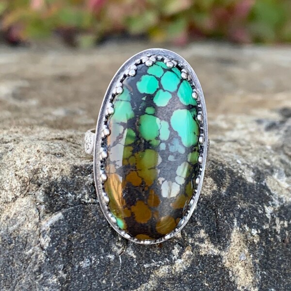 High Grade Hubei Turquoise Ring, Sterling Silver Fabricated, Size 7.5