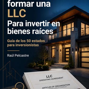 May include: A book cover titled Cómo formar una LLC Para invertir en bienes raíces by Raúl Pelcastre, featuring a house at night. Below, a document labeled LLC Operating Agreement and Articles of Organization with a key and a black pen.