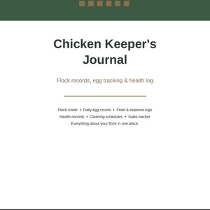 May include: A white journal cover titled Chicken Keeper's Journal with the text Missouri Off-Grid at the top. It lists flock records, egg tracking, health logs, rosters, feed and expense logs, cleaning schedules, and sales trackers.