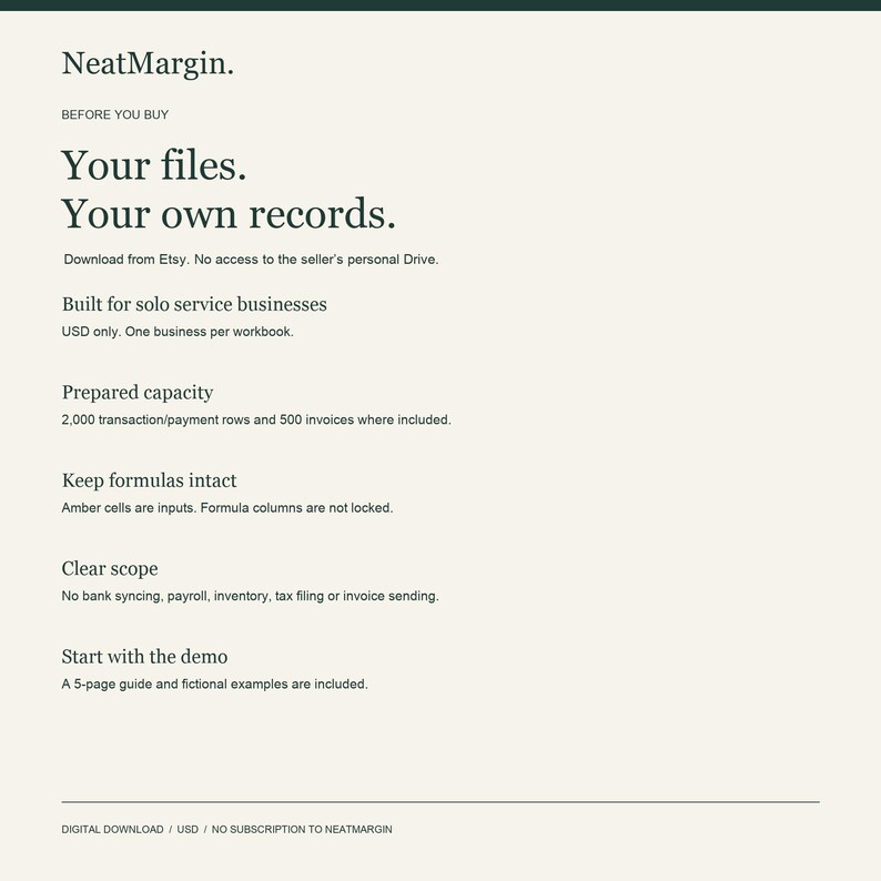 K&ouml;nnte beinhalten: Ein digitales Informationsblatt f&uuml;r NeatMargin mit dem Text: Your files. Your own records. Built for solo service businesses. Prepared capacity: 2,000 transaction rows and 500 invoices. Keep formulas intact. Clear scope. Start with the demo.