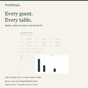 Könnte beinhalten: Eine digitale Tabellenkalkulationsvorlage namens NeatMargin für die Verwaltung von Hochzeitsgästen und Tischen. Die Oberfläche enthält den Text Every guest. Every table. Replies, meals and seats in one focused file, sowie Datentabellen und ein Balkendiagramm.