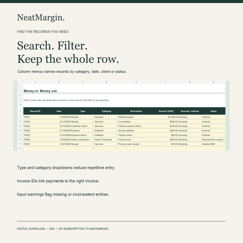 K&ouml;nnte beinhalten: Eine digitale Tabellenkalkulationsvorlage mit dem Titel NeatMargin, die eine Tabelle mit Spalten f&uuml;r Record ID, Date, Type, Category, Description, Amount (USD), Account/method und Notes enth&auml;lt. Die Oberfl&auml;che umfasst Anweisungen und Eingabefelder.