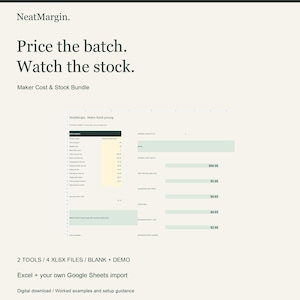 Puede incluir: Una plantilla de hoja de cálculo digital titulada NeatMargin. Maker batch pricing, que presenta columnas para entradas de lotes, costos de materiales y cálculos de ganancias. La interfaz incluye campos para mano de obra, gastos generales y precios unitarios en un diseño claro.