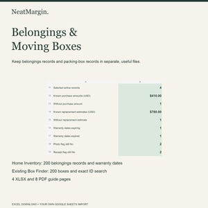May include: A digital spreadsheet template titled NeatMargin Belongings & Moving Boxes. The document displays inventory data including selected active records, purchase amounts, replacement estimates, and warranty dates in a table format.