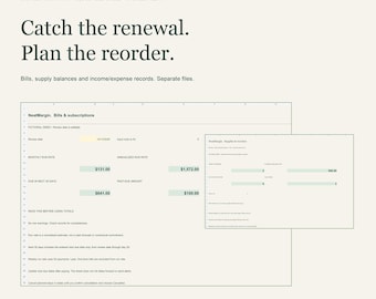 Könnte beinhalten: Ein digitales Paket für Geschäftskosten und Vorräte für Excel und Google Sheets von NeatMargin. Die Oberfläche zeigt Rechnungen, Abonnements und Bestände mit dem Text Catch the renewal. Plan the reorder. Enthält 3 Tools.