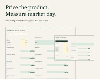 Könnte beinhalten: NeatMargin Craft Market Seller Bundle für Excel und Google Sheets. Die digitale Benutzeroberfläche zeigt Finanztools zur Produktpreisgestaltung und zur Messung von Marktgewinnen, einschließlich Tabellen für Kosten und Erträge.