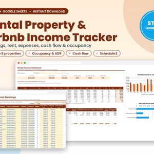 May include: A digital rental property and Airbnb income tracker spreadsheet for Excel and Google Sheets. The interface displays a rental income dashboard, short-term rental bookings, monthly income versus expenses bar charts, and net cash flow by property data.