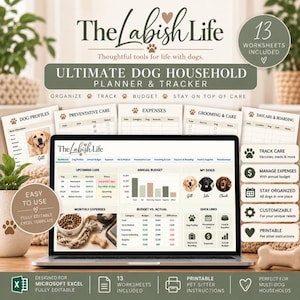 May include: A digital dog household planner and tracker displayed on a laptop screen, featuring 13 worksheets for organizing pet care, expenses, and grooming. The interface includes charts, budget tables, and dog profiles, with text labels like The Labish Life.