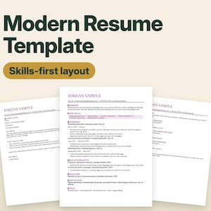 Peut inclure: Un modèle de CV numérique présentant une mise en page axée sur les compétences avec trois pages superposées. Le texte inclut Modern Resume Template, Skills-first layout, Jordan Sample, Summary, Core Skills, Experience, Selected Projects, Education et Tools.