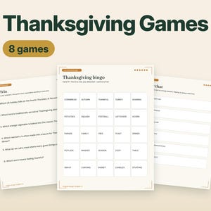 Peut inclure: Un ensemble de jeux de Thanksgiving imprimables comprenant 8 activités. Les pages incluent une feuille de trivia avec des questions numérotées, une carte de bingo avec une grille de 5x5 mots et une feuille avec des lignes vides pour les réponses.