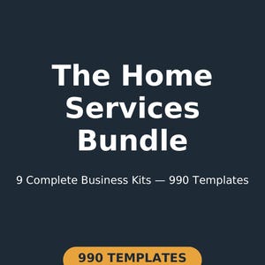 May include: A dark blue digital document bundle titled Done For You Documents, The Home Services Bundle, 9 Complete Business Kits, 990 Templates, with a prominent orange button labeled 990 Templates in white text.